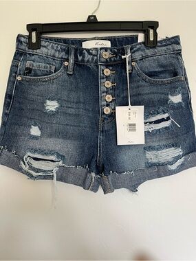 KanCan SZ 5 Distressed High-Rise Button-Fly Denim Shorts in Dark Blue Wash